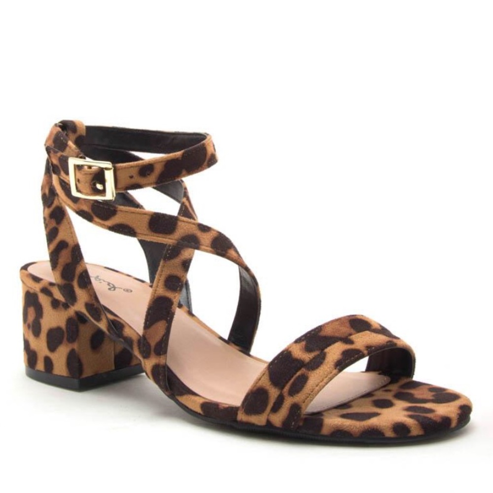 1 Left Qupid Leopard Block Heel Ankle Strap Sandal - Picture 2 of 7